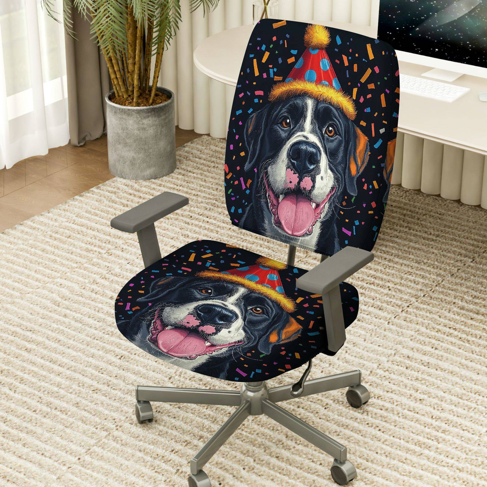 2-Piece Dog Party Hat Happy Celebration Cheerful Joyful  Computer Chair Cover Set, Seat and Backrest