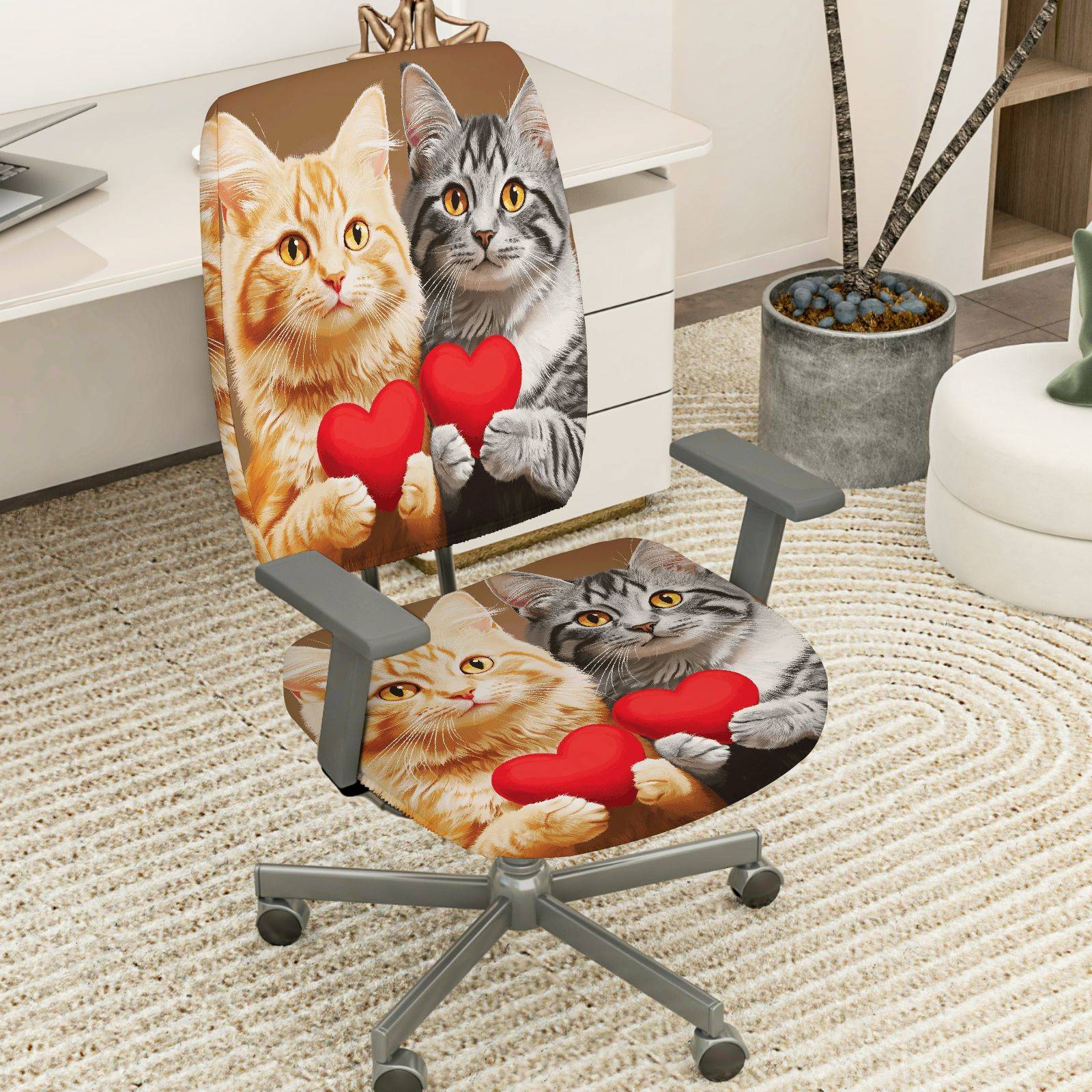 2-Piece Adorable Loving Heart Cat Design Cute Animal Valentine Gift  Computer Chair Cover Set, Seat and Backrest