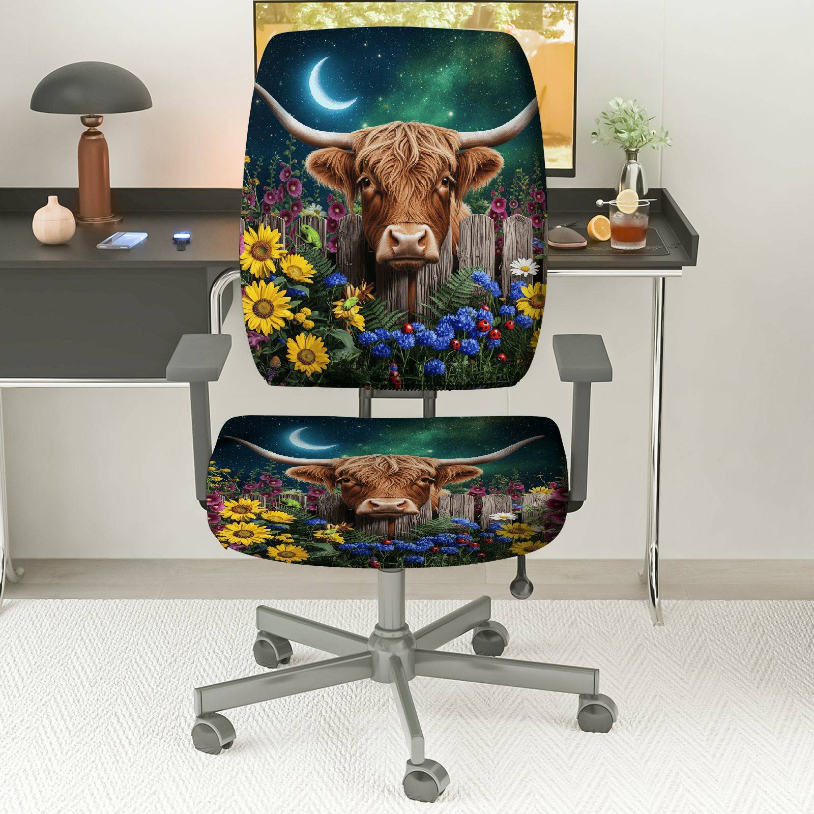 2-Piece Highland Cow Moon Night Flower Rustic Beauty  Computer Chair Cover Set, Seat and Backrest