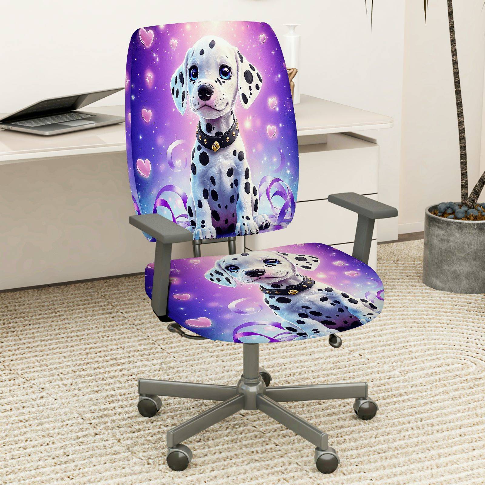 2-Piece Dalmatian Dog Heart Stars Purple  Computer Chair Cover Set, Seat and Backrest