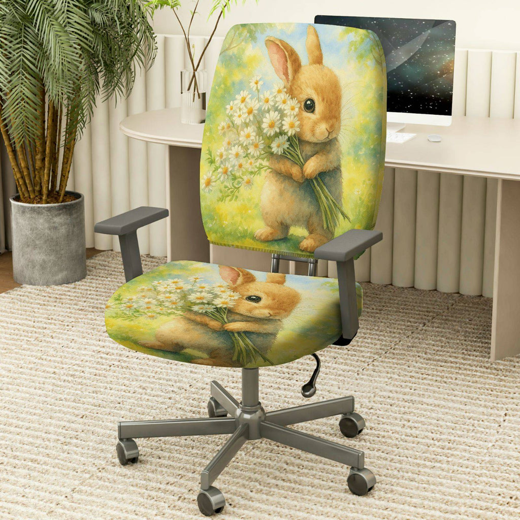 2-Piece Cute Bunny Daisy Floral Spring Summer  Computer Chair Cover Set, Seat and Backrest