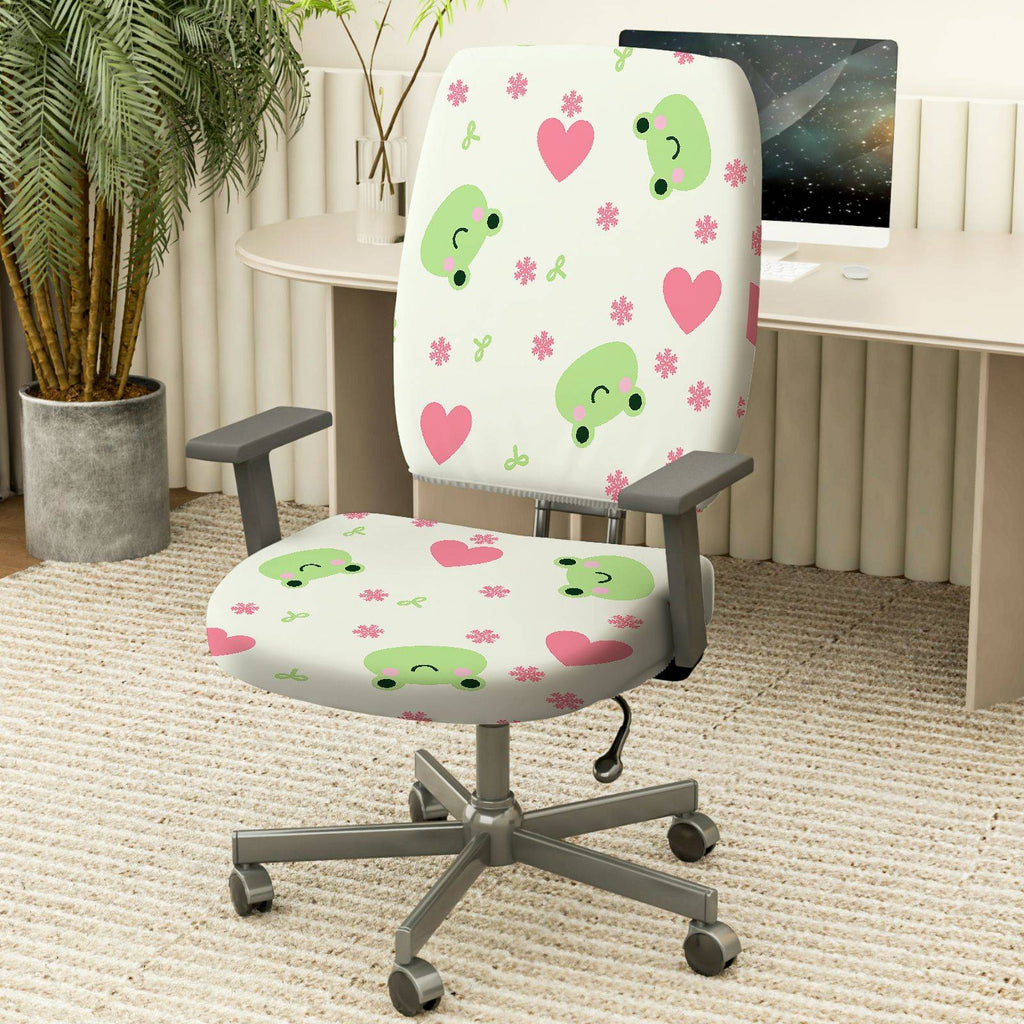 2-Piece Cute Frog Heart Flower  Computer Chair Cover Set, Seat and Backrest