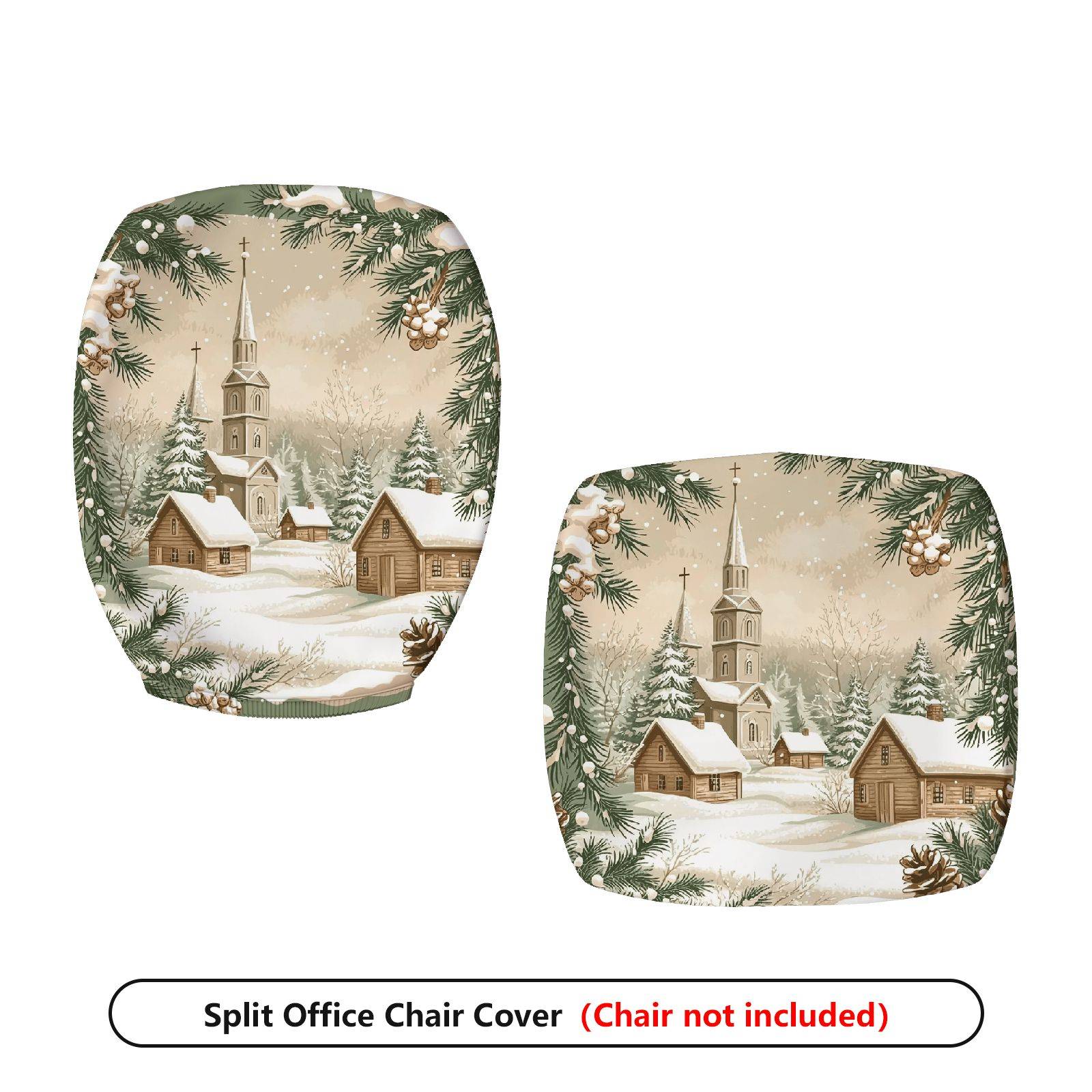 2-Piece Christmas Winter Cottage Pine Snow  Computer Chair Cover Set, Seat and Backrest