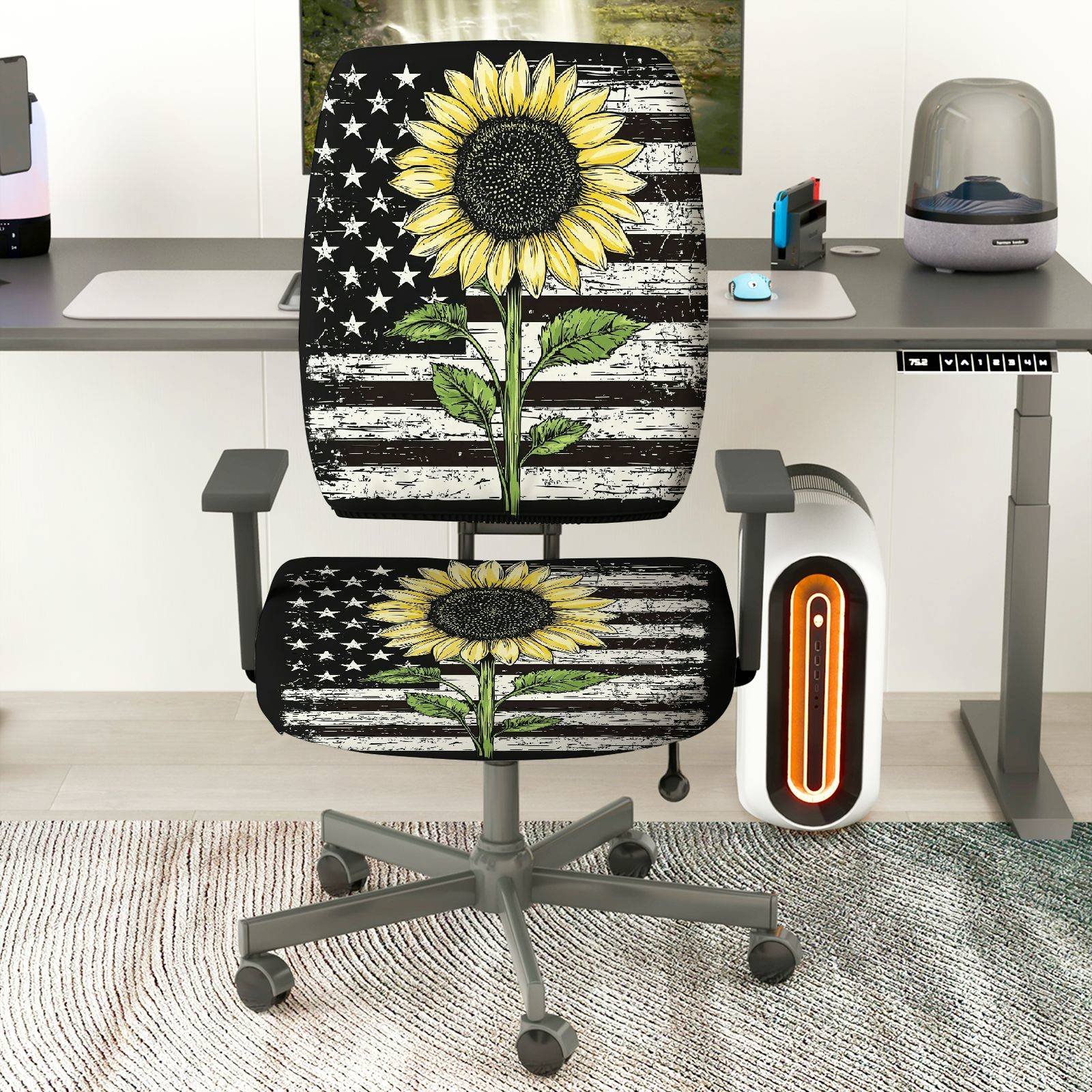 2-Piece Sunflower American Flag Vintage Elegant Stylish Vibrant  Computer Chair Cover Set, Seat and Backrest
