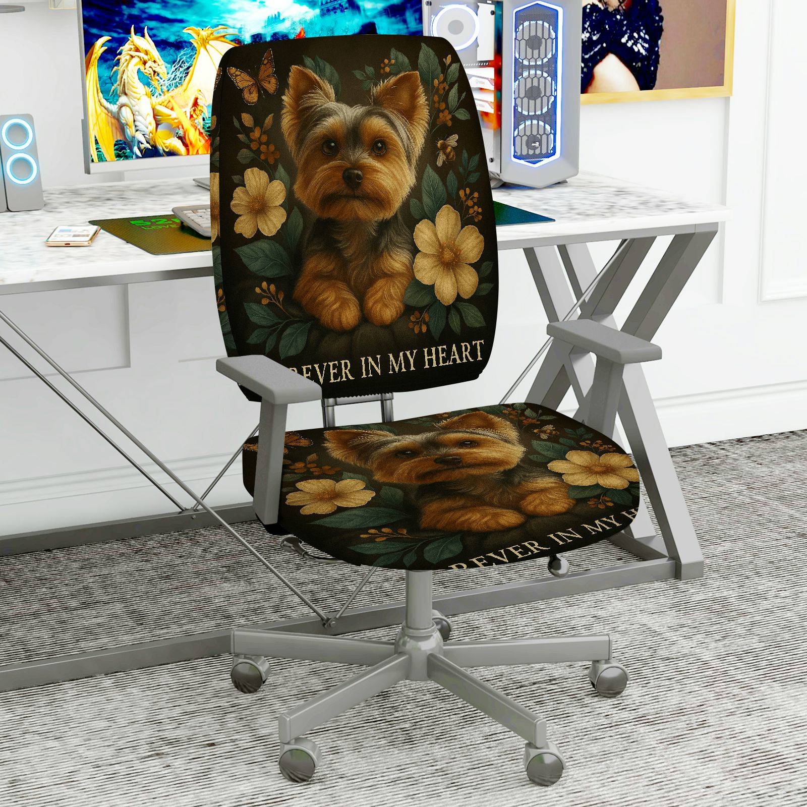 2-Piece Dog Floral Butterfly Memory Christmas  Computer Chair Cover Set, Seat and Backrest