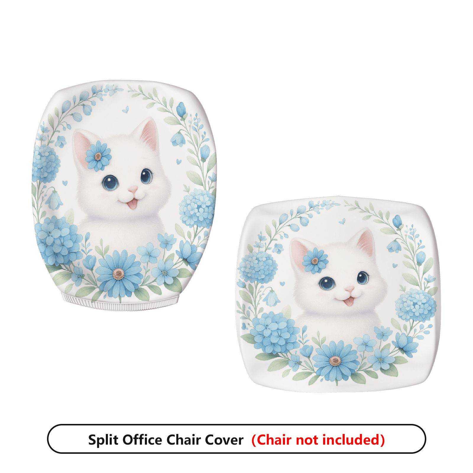2-Piece Cute Floral Cat Pattern Printed  Computer Chair Cover Set, Seat and Backrest