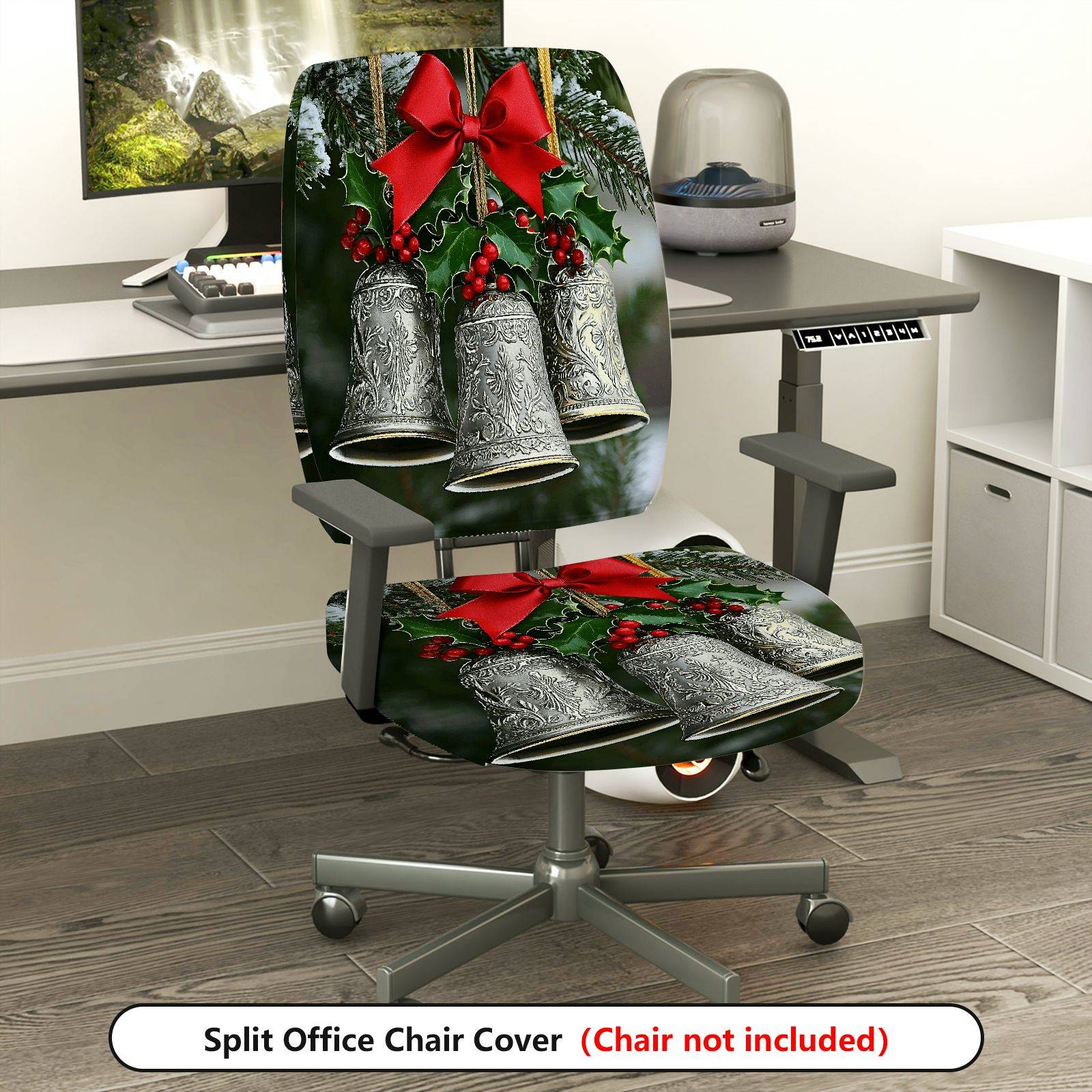 2-Piece Christmas Bell Holly Red Bow Holiday  Computer Chair Cover Set, Seat and Backrest