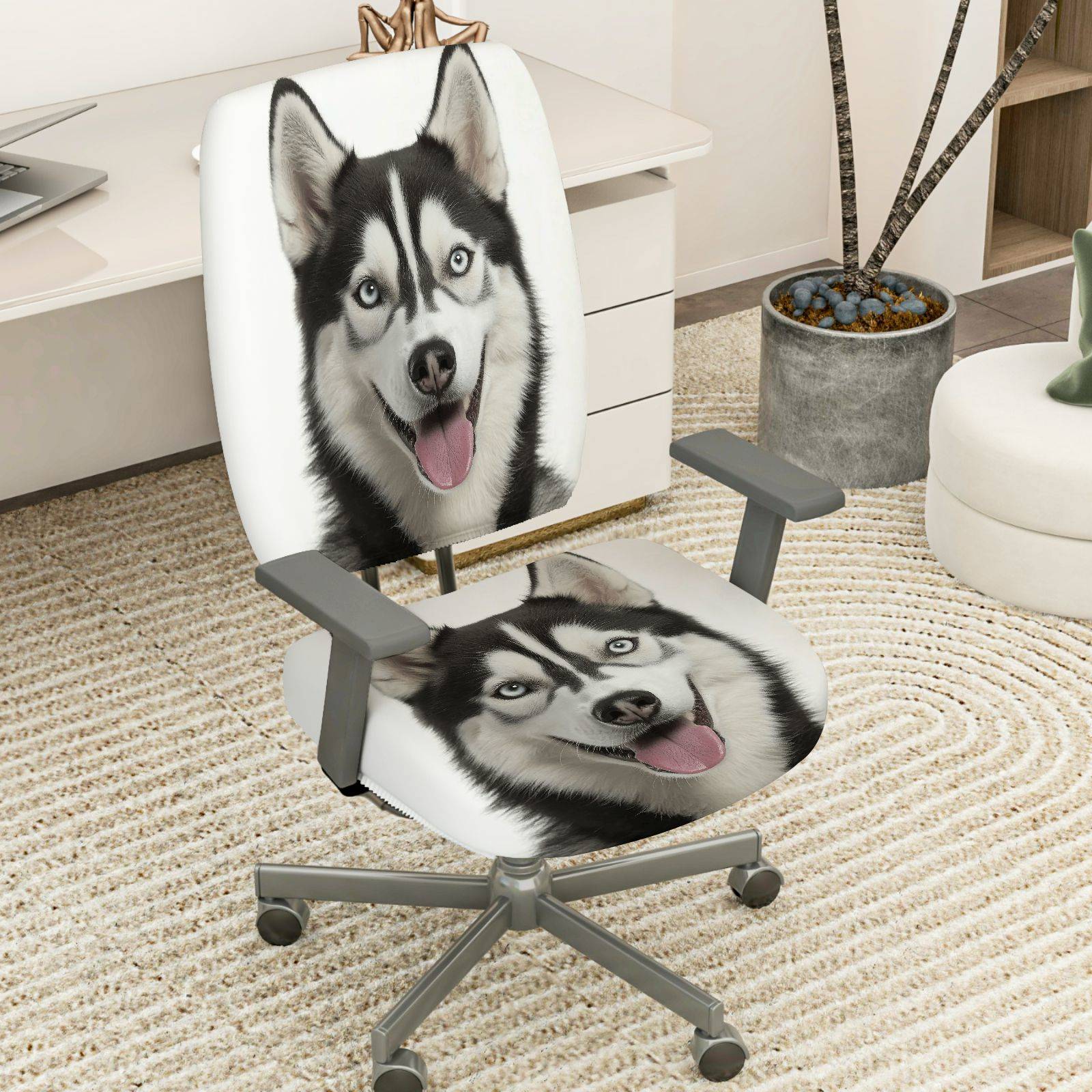 2-Piece Cute Husky Dog Animal Print Stretch  Computer Chair Cover Set, Seat and Backrest