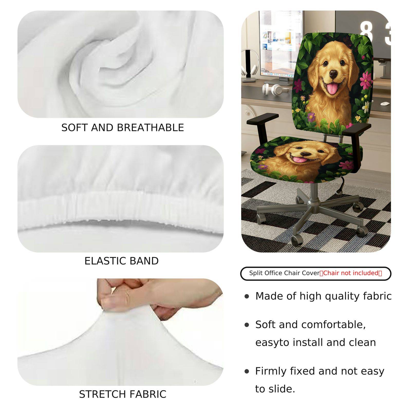 2-Piece Dog Floral Nature Green Pink  Computer Chair Cover Set, Seat and Backrest