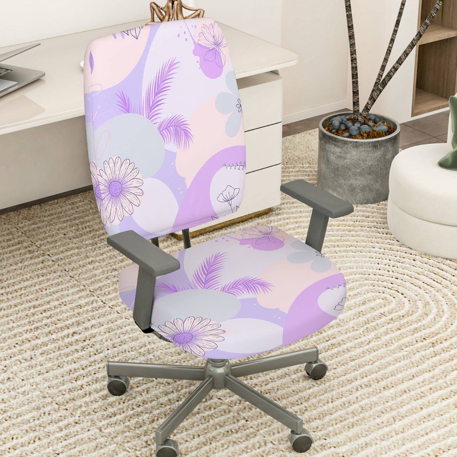 2-Piece Pastel Floral Leaves Abstract Geometry  Computer Chair Cover Set, Seat and Backrest
