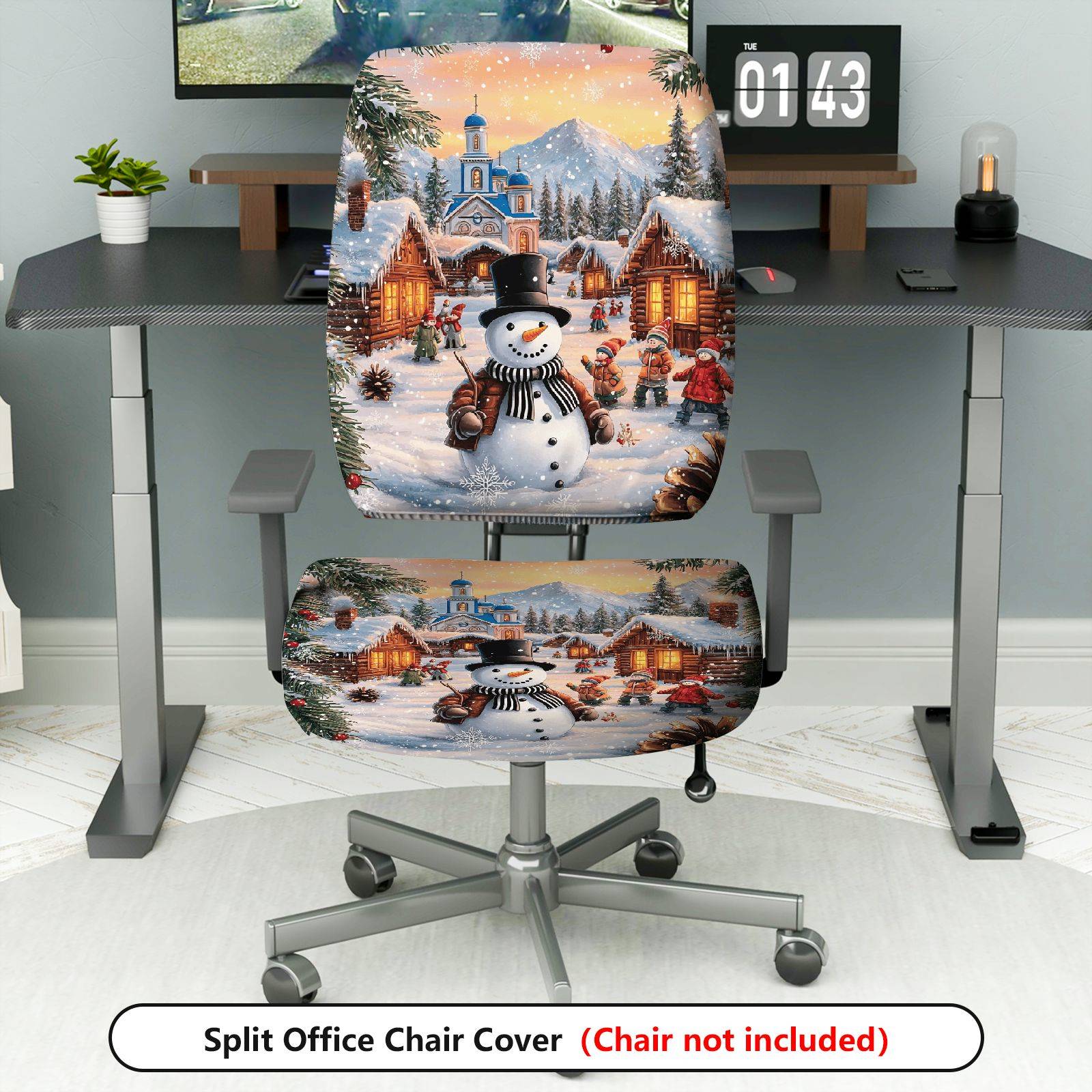 2-Piece Christmas Snowman Winter Village Festival Scene  Computer Chair Cover Set, Seat and Backrest