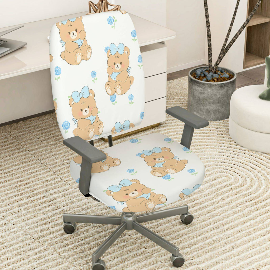2-Piece Cute Bear Floral Decorative  Computer Chair Cover Set, Seat and Backrest
