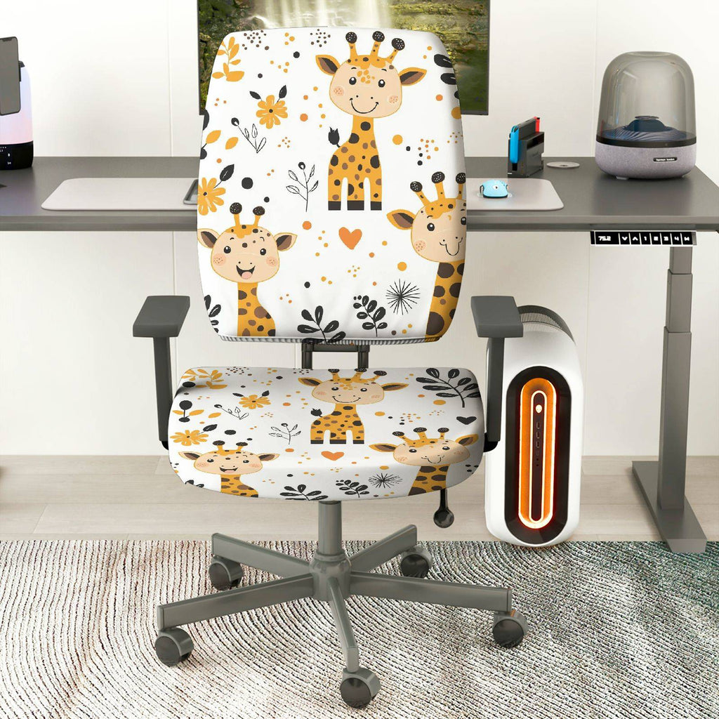 2-Piece Cute Animal Giraffe Floral Heart  Computer Chair Cover Set, Seat and Backrest