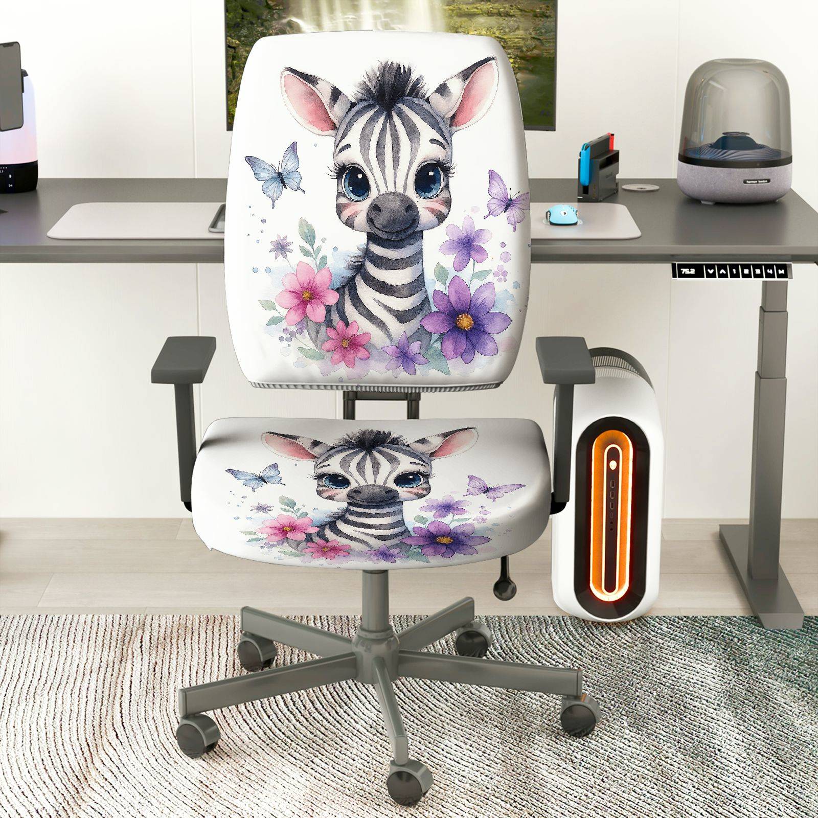 2-Piece Zebra Flower Butterfly Cute  Computer Chair Cover Set, Seat and Backrest