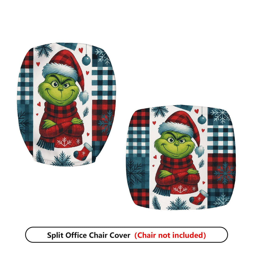 2-Piece Christmas Grinch Plaid Snowflake Holiday  Computer Chair Cover Set, Seat and Backrest