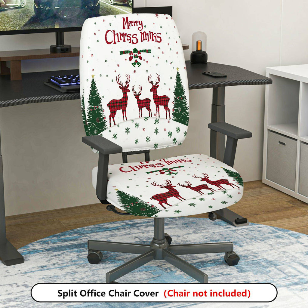 2-Piece Christmas Reindeer Snowflake Tree Plaid  Computer Chair Cover Set, Seat and Backrest