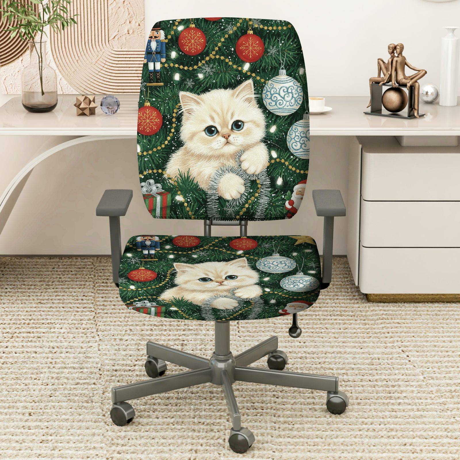 2-Piece Christmas Cute Cat Festive Ornament Santa Holiday  Computer Chair Cover Set, Seat and Backrest