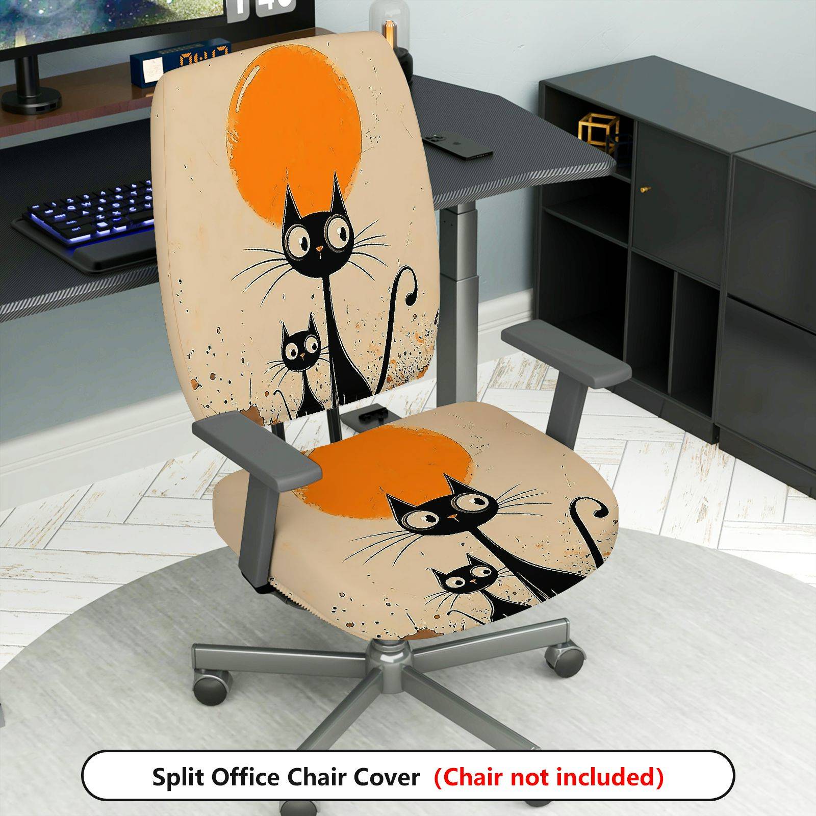 2-Piece Black Cat Moon Minimalist Art Fun Halloween  Computer Chair Cover Set, Seat and Backrest