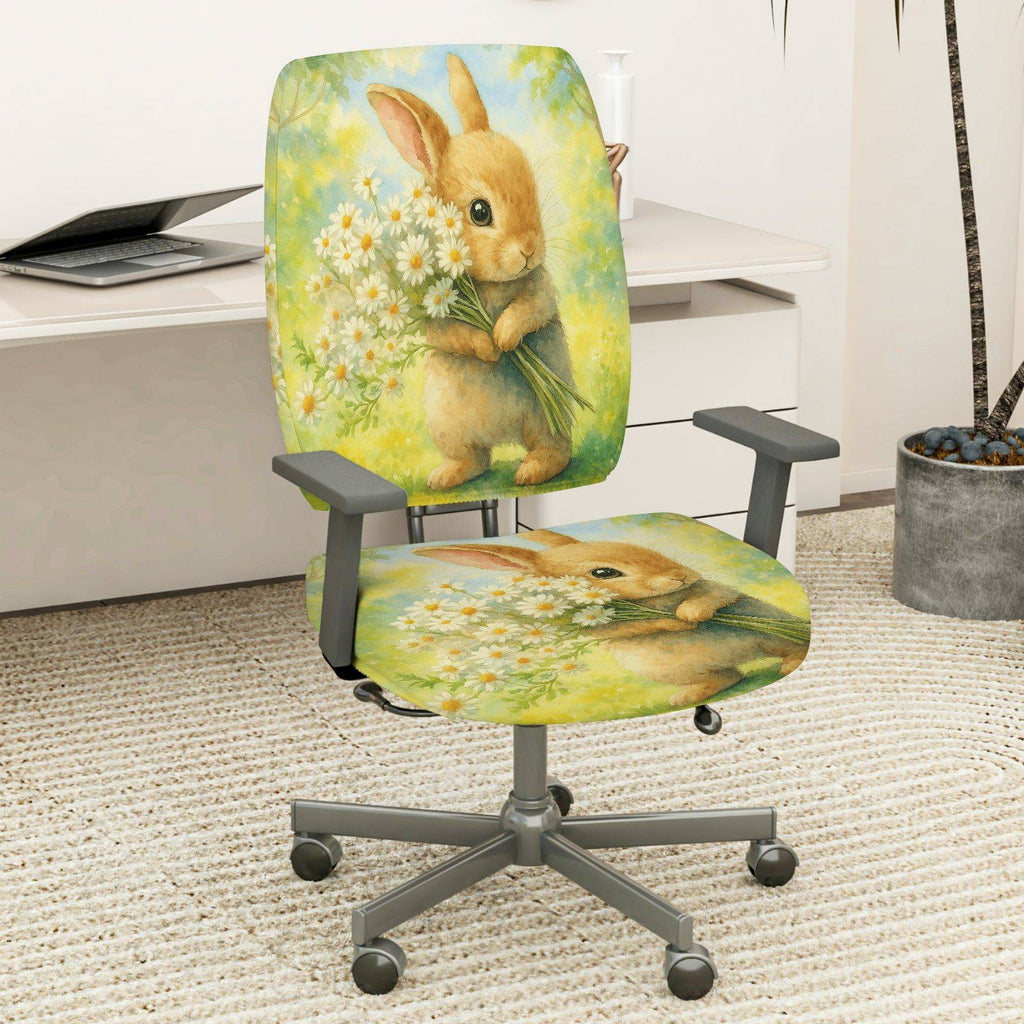 2-Piece Cute Bunny Daisy Floral Spring Summer  Computer Chair Cover Set, Seat and Backrest