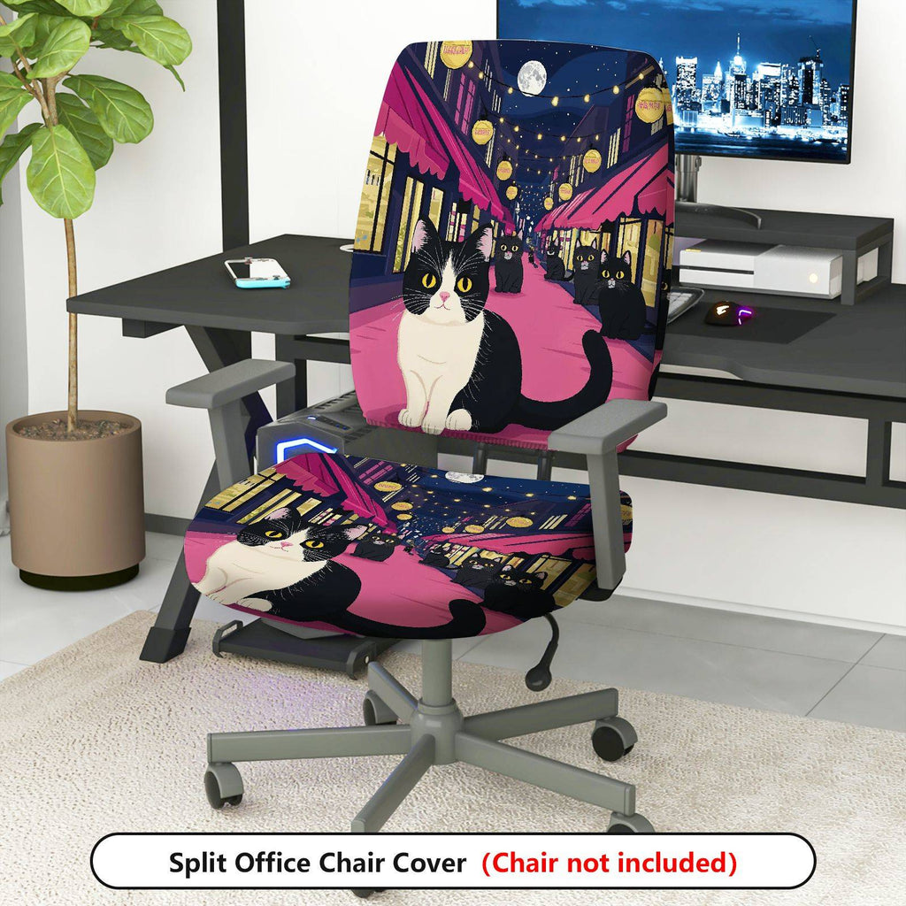 2-Piece Night Street Cat Moonlight Festival Romantic  Computer Chair Cover Set, Seat and Backrest