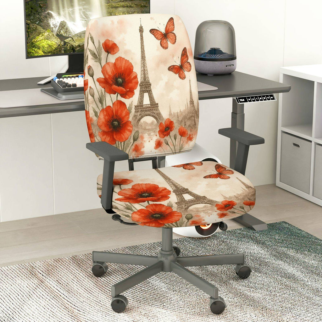2-Piece Eiffel Tower Butterfly Flower Pattern  Computer Chair Cover Set, Seat and Backrest