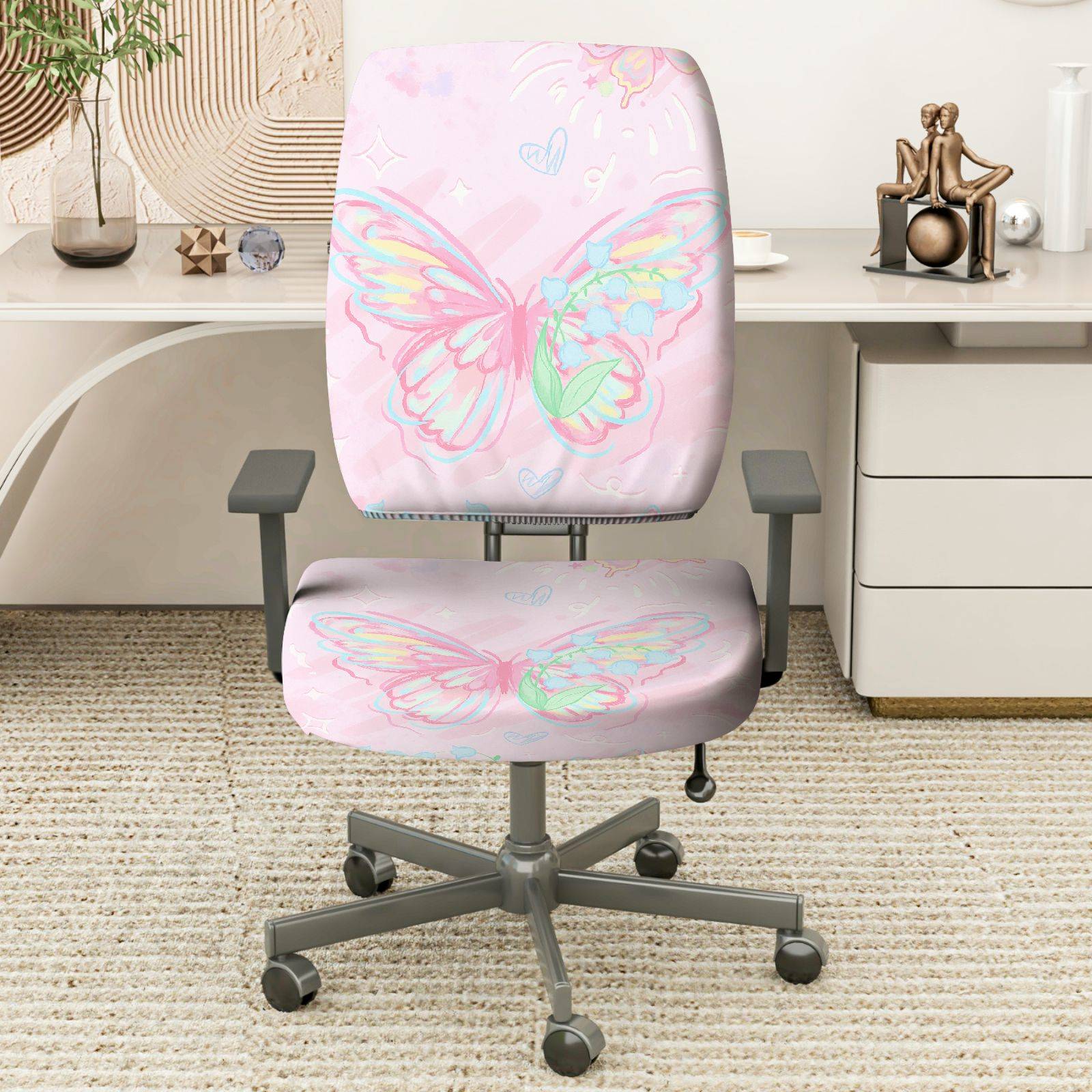 2-Piece Pink Butterfly Pastel Artistic Cheerful Cute  Computer Chair Cover Set, Seat and Backrest