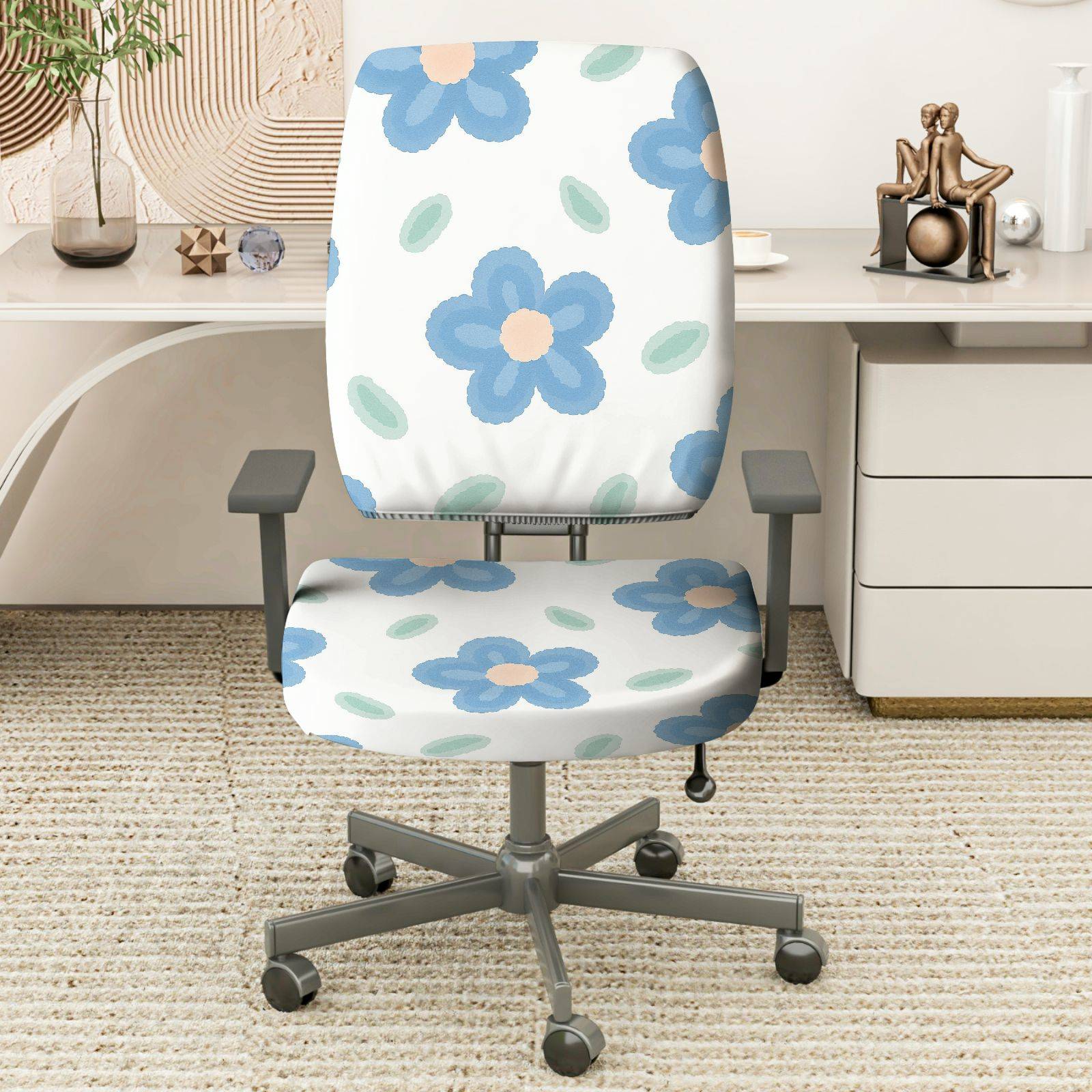 2-Piece Floral Pattern Cute Stylish Blue Leaf  Computer Chair Cover Set, Seat and Backrest