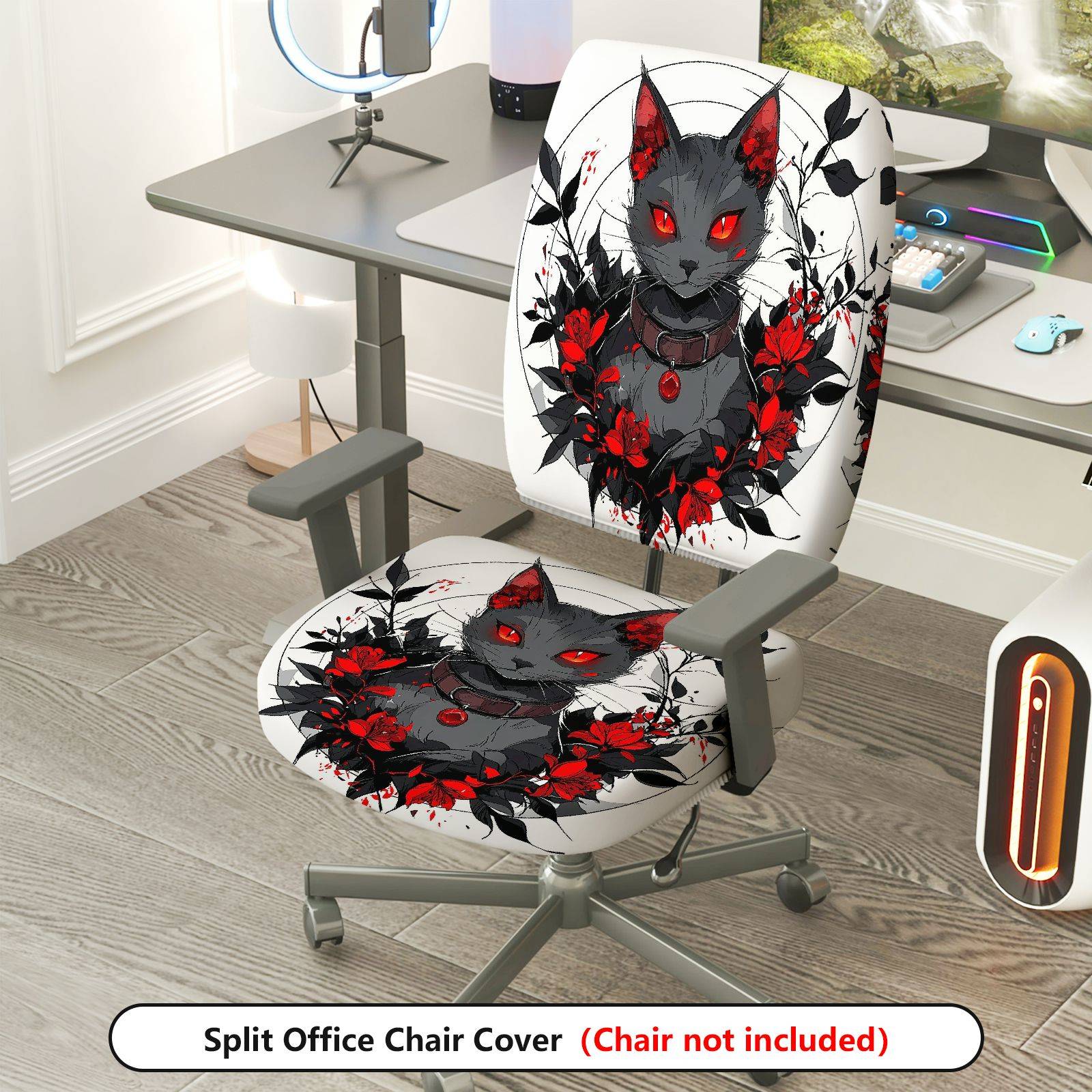 2-Piece Gothic Cat Floral Artistic Red Black  Computer Chair Cover Set, Seat and Backrest