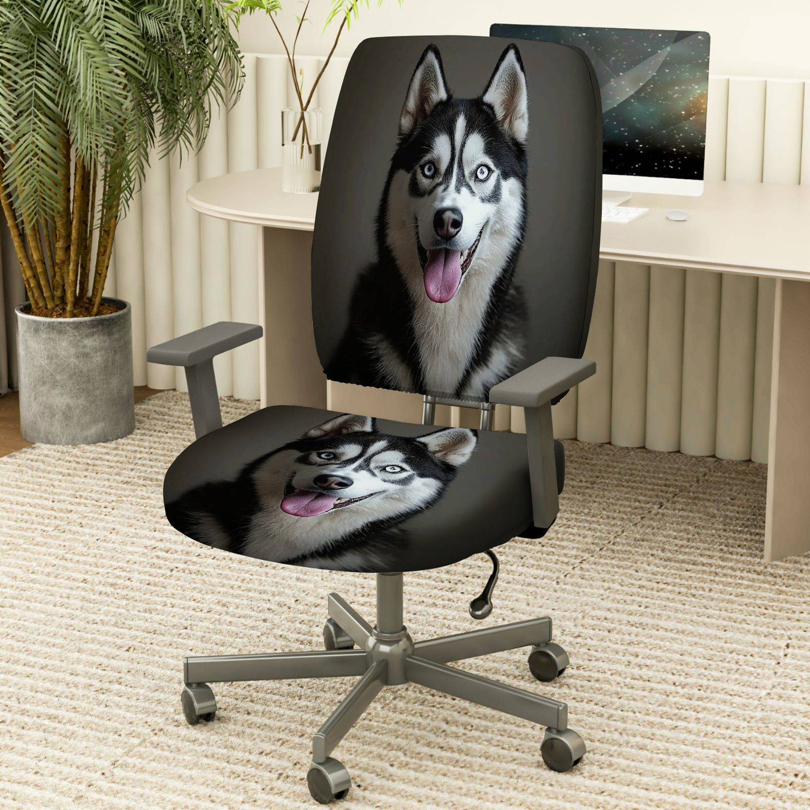 2-Piece Husky Dog Animal Pattern Black White Fun Style  Computer Chair Cover Set, Seat and Backrest