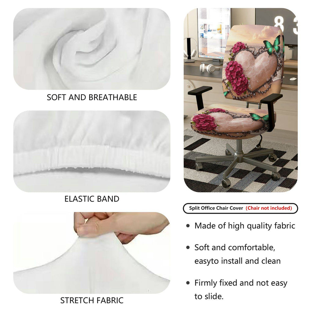 2-Piece Romantic Heart Flower Butterfly Pearl  Computer Chair Cover Set, Seat and Backrest