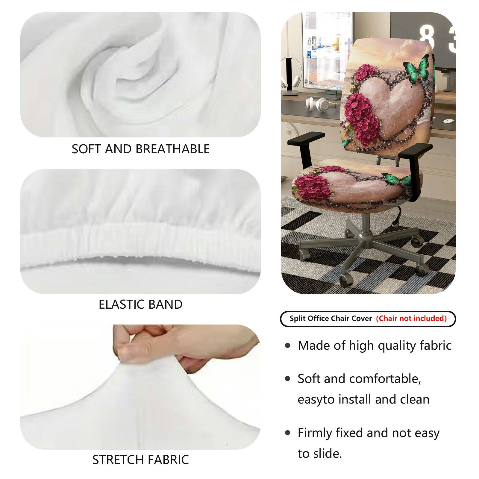 2-Piece Romantic Heart Flower Butterfly Pearl  Computer Chair Cover Set, Seat and Backrest