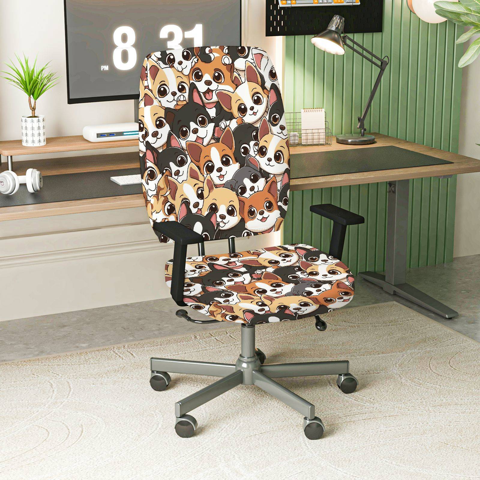 2-Piece Cute Dog Pattern Fun Playful  Computer Chair Cover Set, Seat and Backrest
