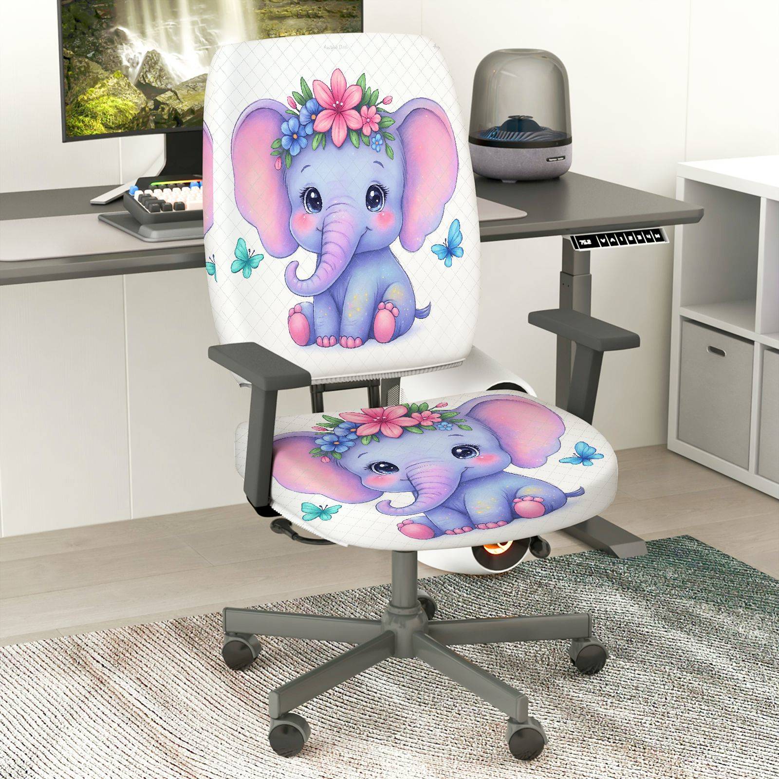2-Piece Cute Elephant Flower Butterfly  Computer Chair Cover Set, Seat and Backrest