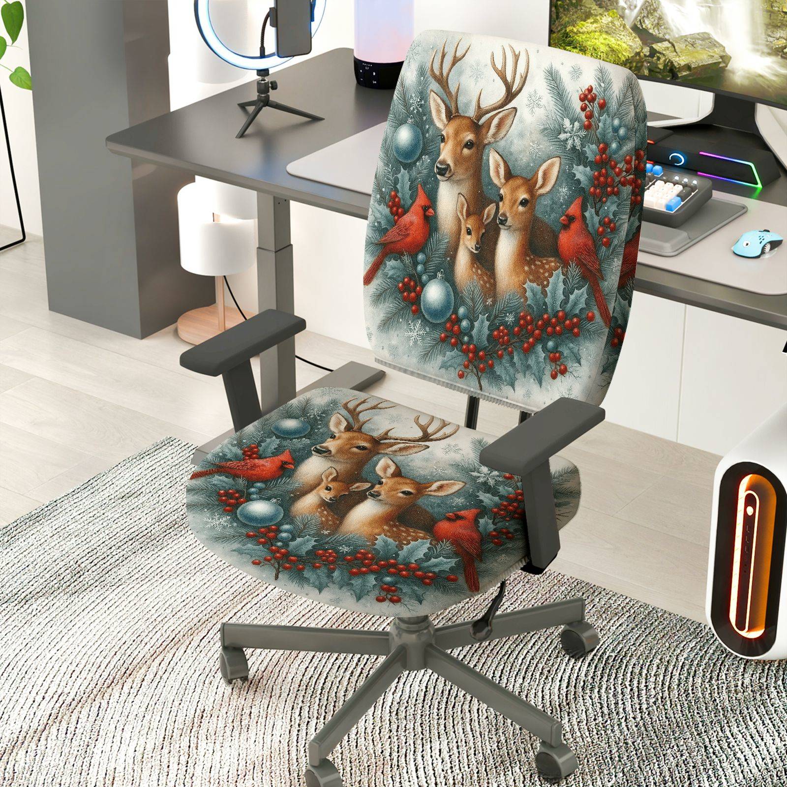 2-Piece Christmas Deer Cardinal Berry Snow Decor  Computer Chair Cover Set, Seat and Backrest