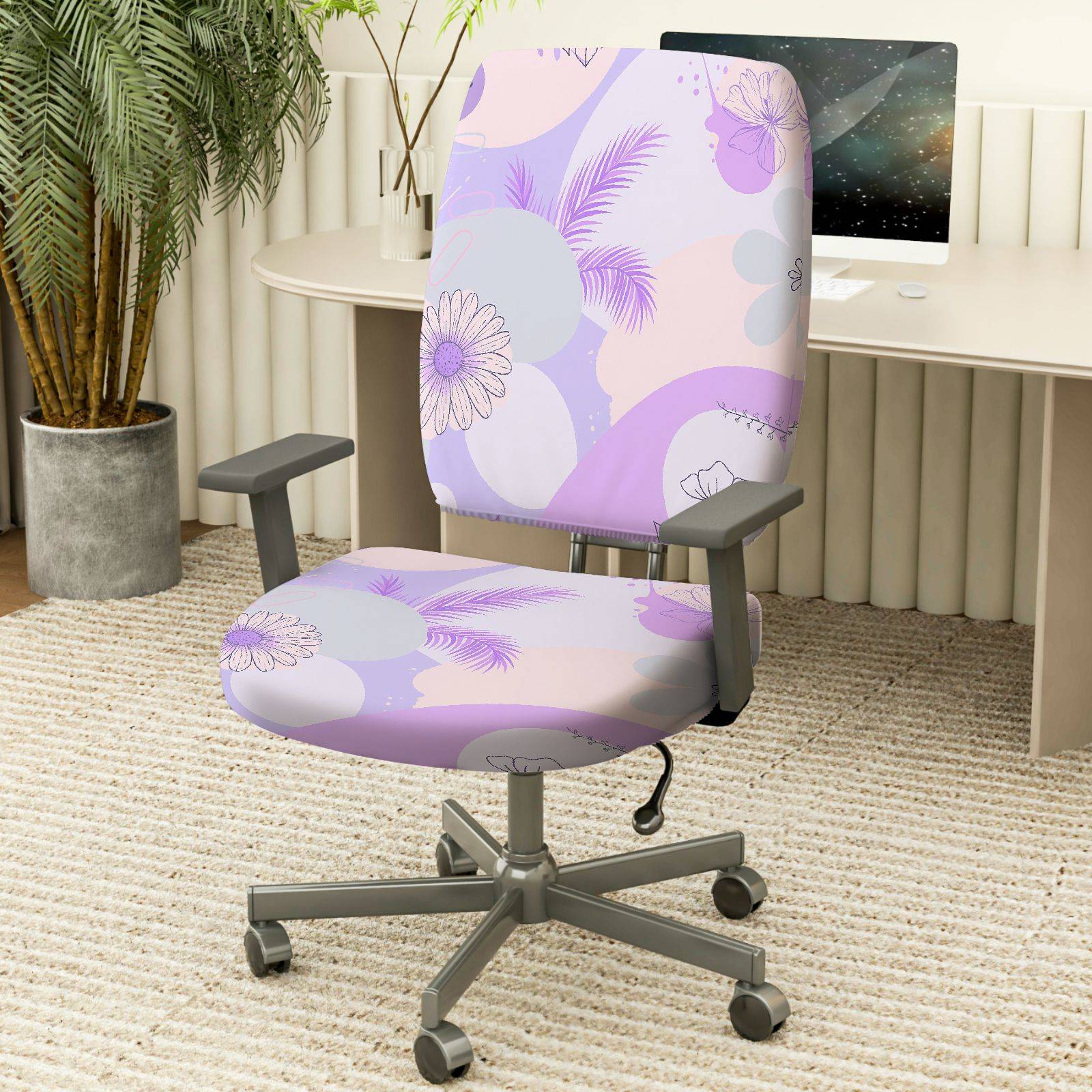 2-Piece Pastel Floral Leaves Abstract Geometry  Computer Chair Cover Set, Seat and Backrest