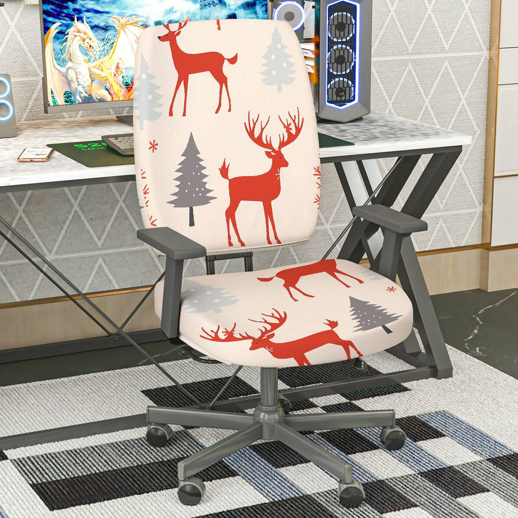 2-Piece Deer Christmas Tree Snowflake Holiday  Computer Chair Cover Set, Seat and Backrest