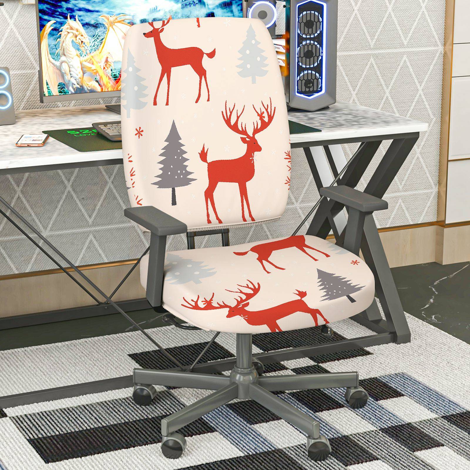 2-Piece Deer Christmas Tree Snowflake Holiday  Computer Chair Cover Set, Seat and Backrest