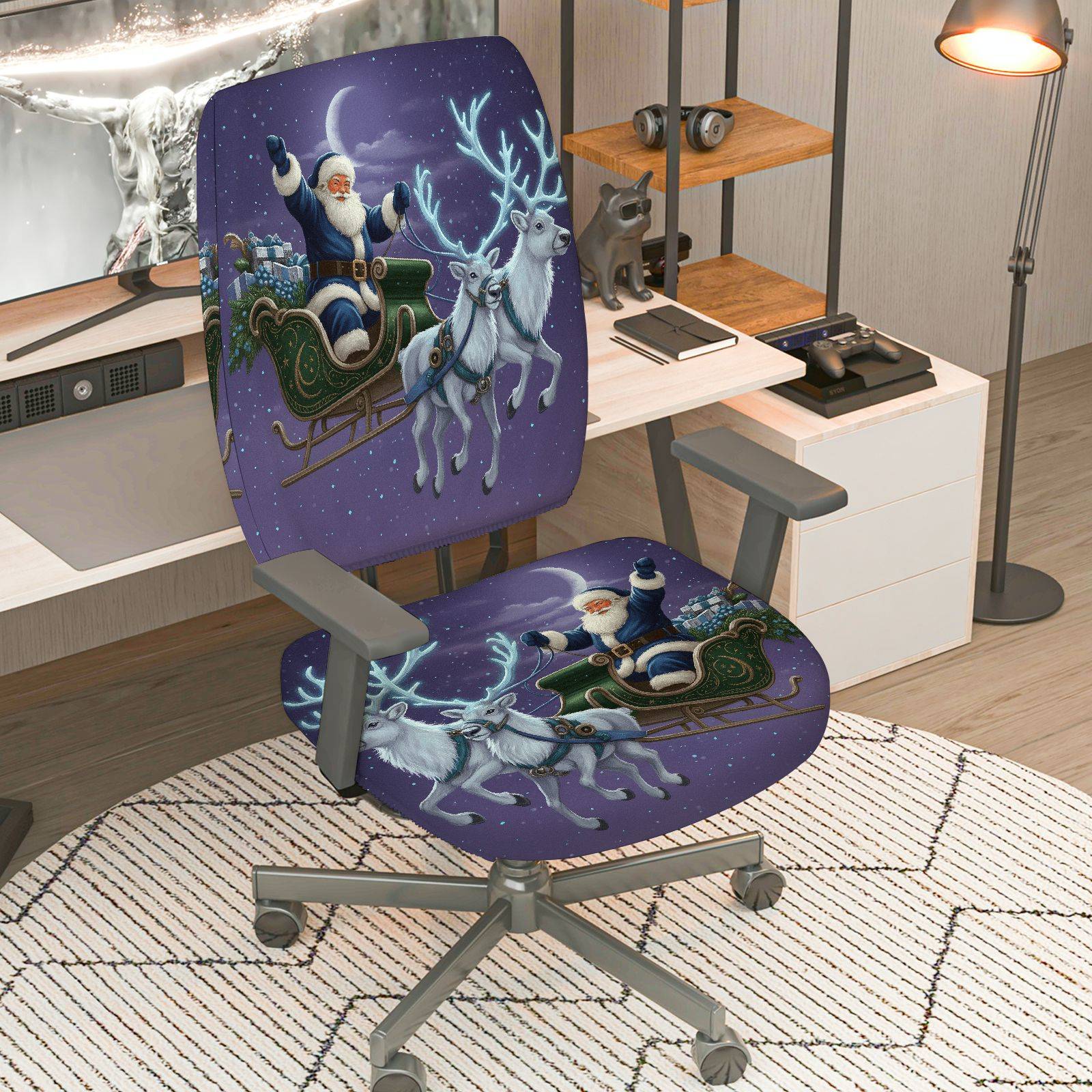 2-Piece Christmas Santa Sleigh Reindeer Moonlight Night  Computer Chair Cover Set, Seat and Backrest