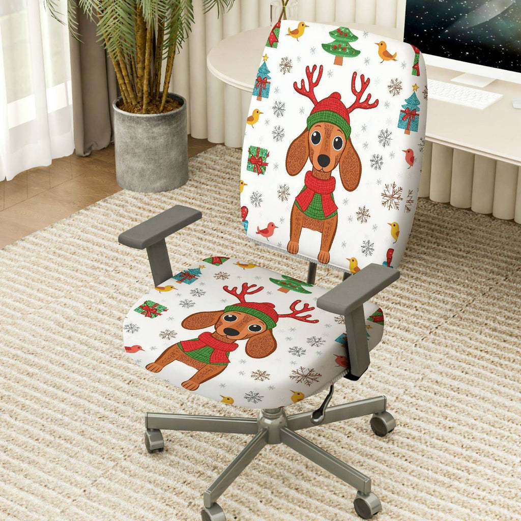2-Piece Christmas Dog Reindeer Snowflake Gift  Computer Chair Cover Set, Seat and Backrest