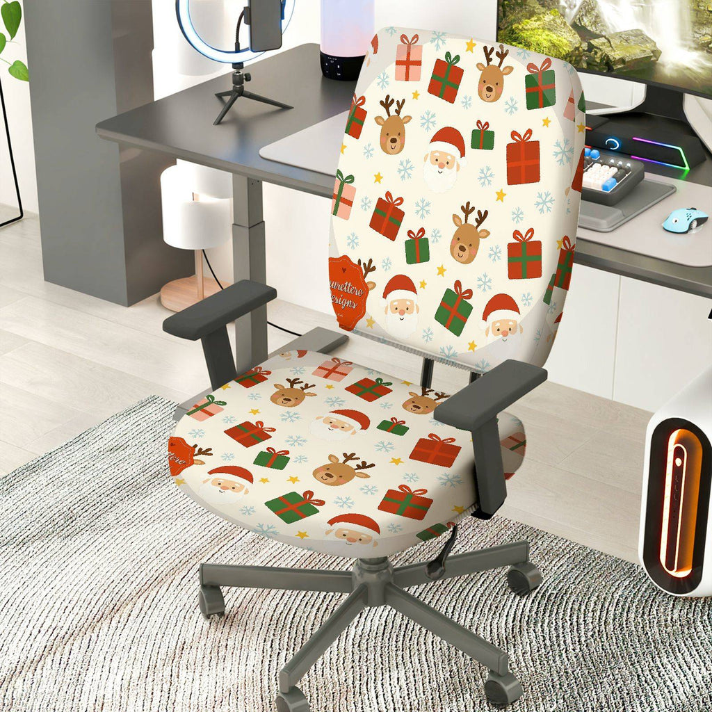 2-Piece Christmas Deer Santa Gift Snowflake  Computer Chair Cover Set, Seat and Backrest