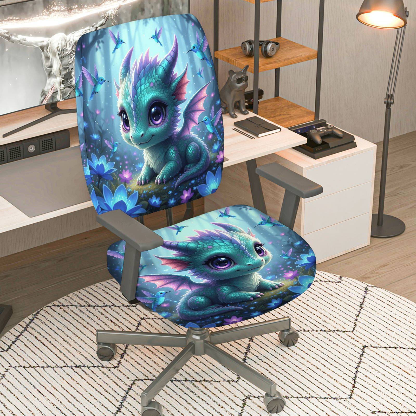 2-Piece Cute Dragon Fantasy Blue Flowers Fairies Magic  Computer Chair Cover Set, Seat and Backrest