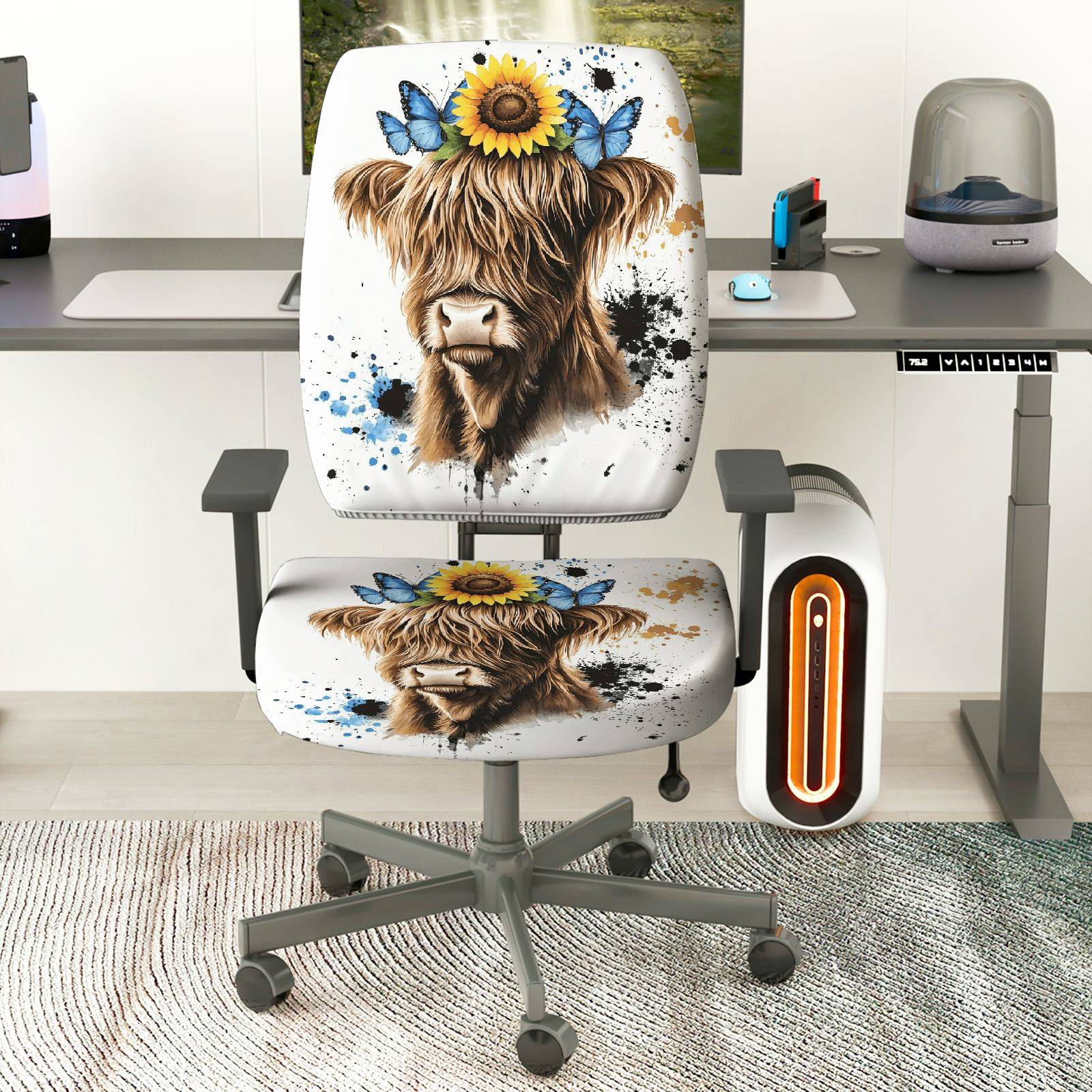 2-Piece Sunflower Butterfly Highland Cow Art  Computer Chair Cover Set, Seat and Backrest