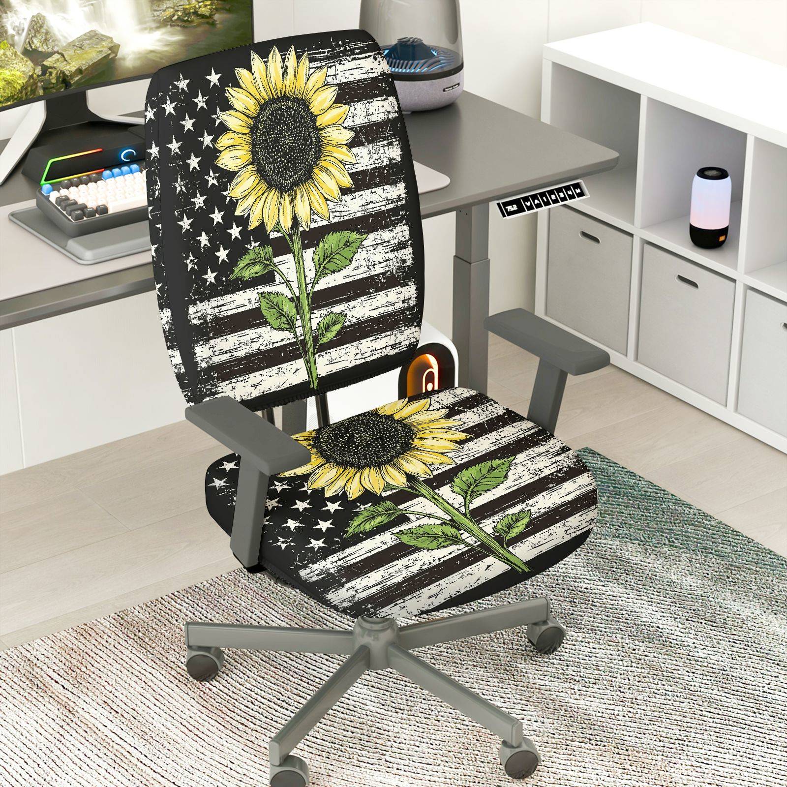 2-Piece Sunflower American Flag Vintage Elegant Stylish Vibrant  Computer Chair Cover Set, Seat and Backrest