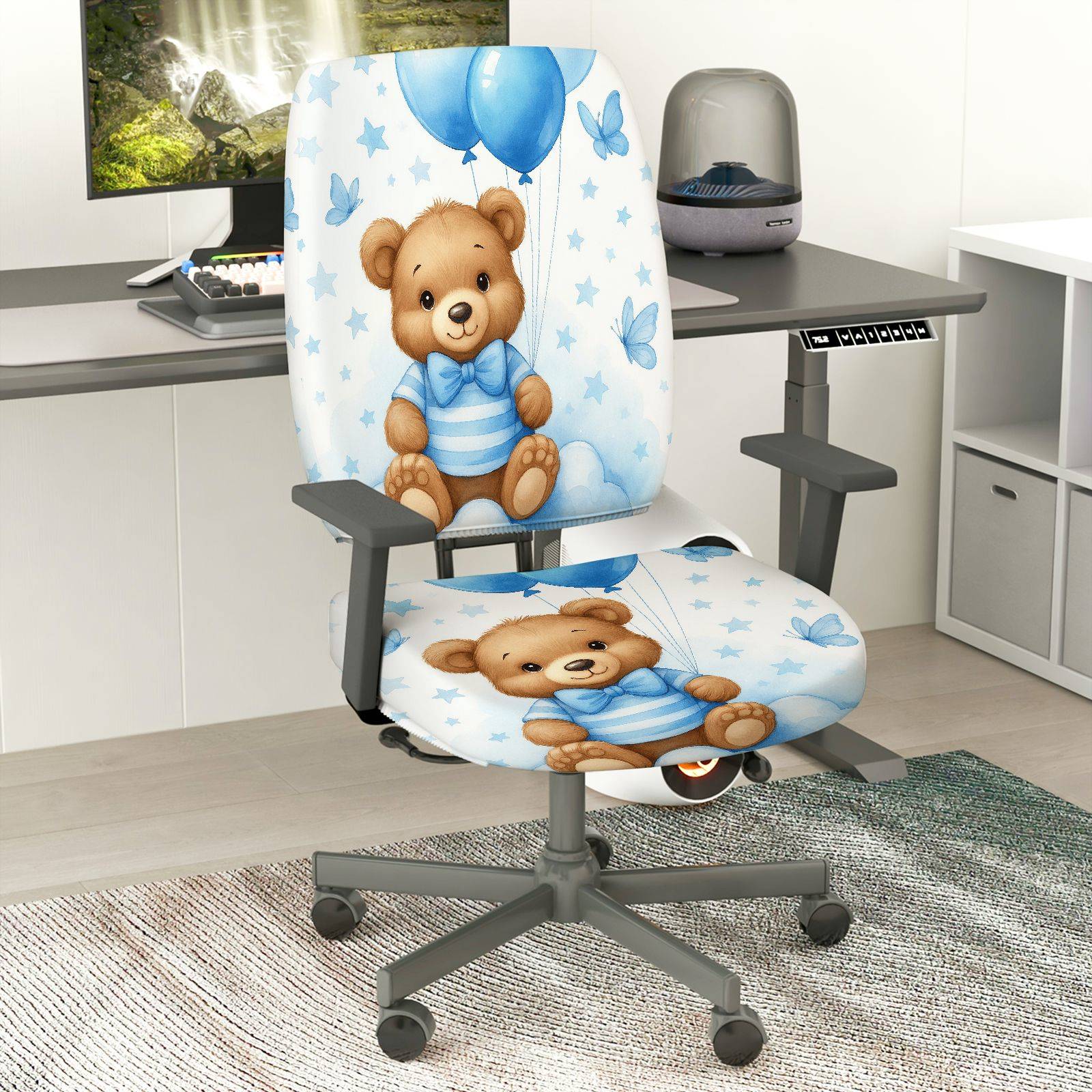 2-Piece Cute Blue Balloon Star Bear  Computer Chair Cover Set, Seat and Backrest