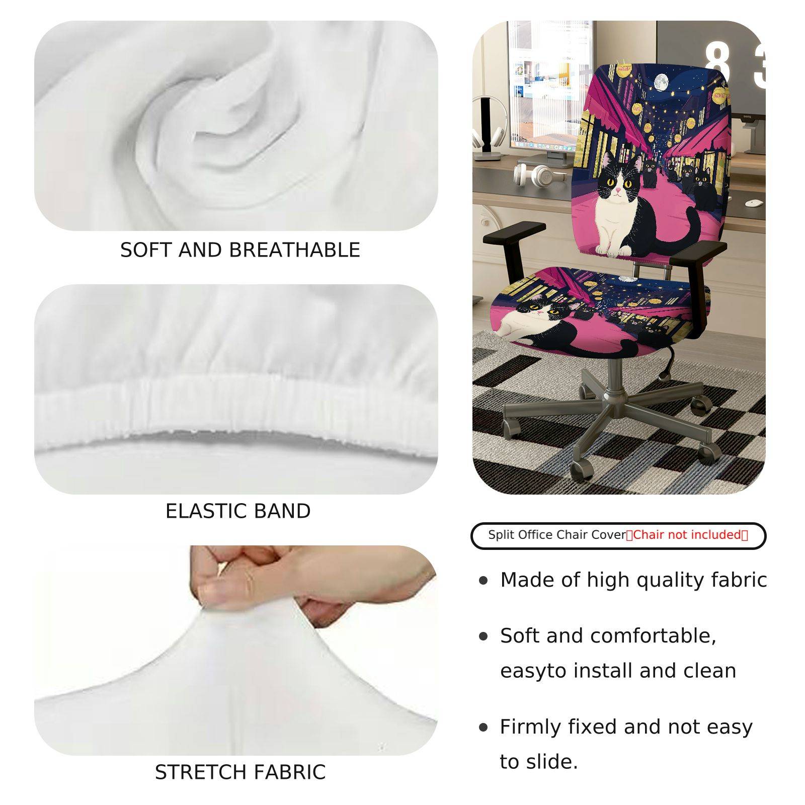 2-Piece Night Street Cat Moonlight Festival Romantic  Computer Chair Cover Set, Seat and Backrest