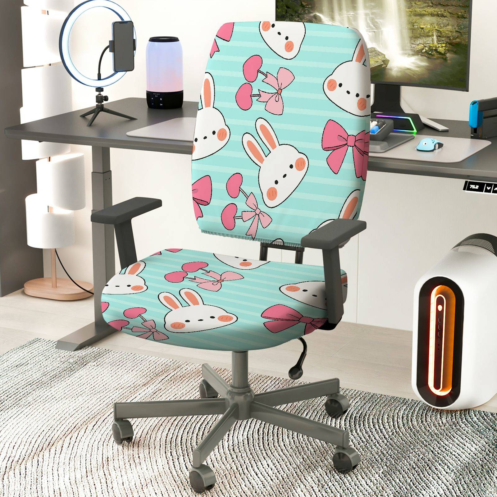 2-Piece Adorable Rabbit Pink Bow Heart Striped  Computer Chair Cover Set, Seat and Backrest