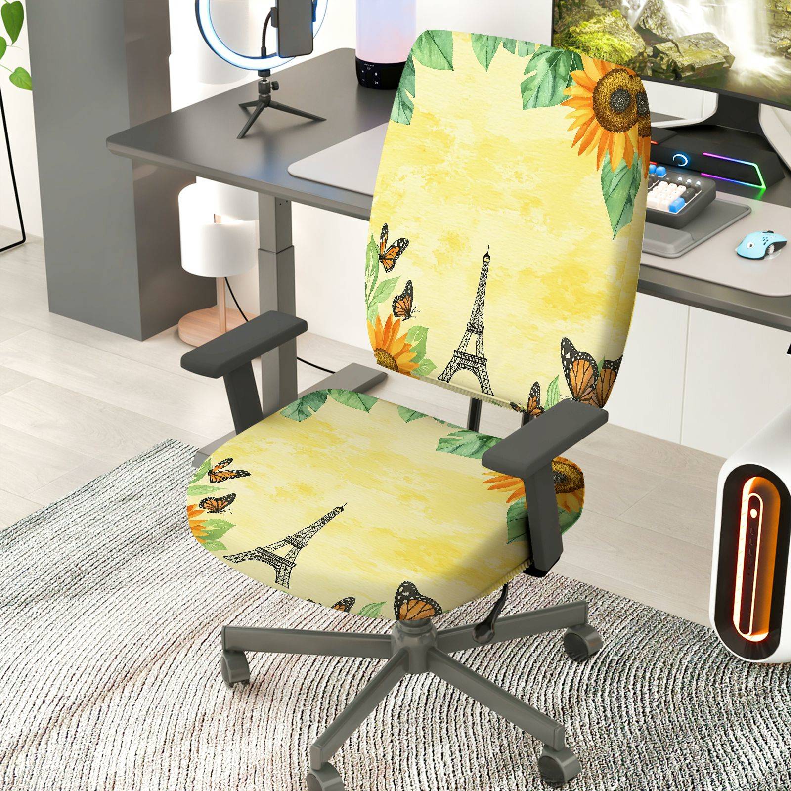2-Piece Floral Eiffel Tower Butterfly Sunflower Vintage  Computer Chair Cover Set, Seat and Backrest