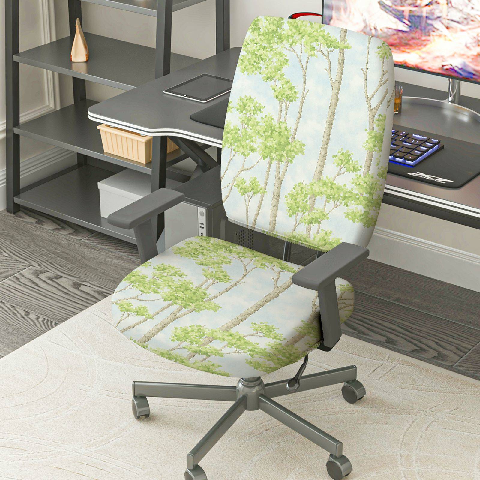 2-Piece Tree Sky Forest Green Nature  Computer Chair Cover Set, Seat and Backrest