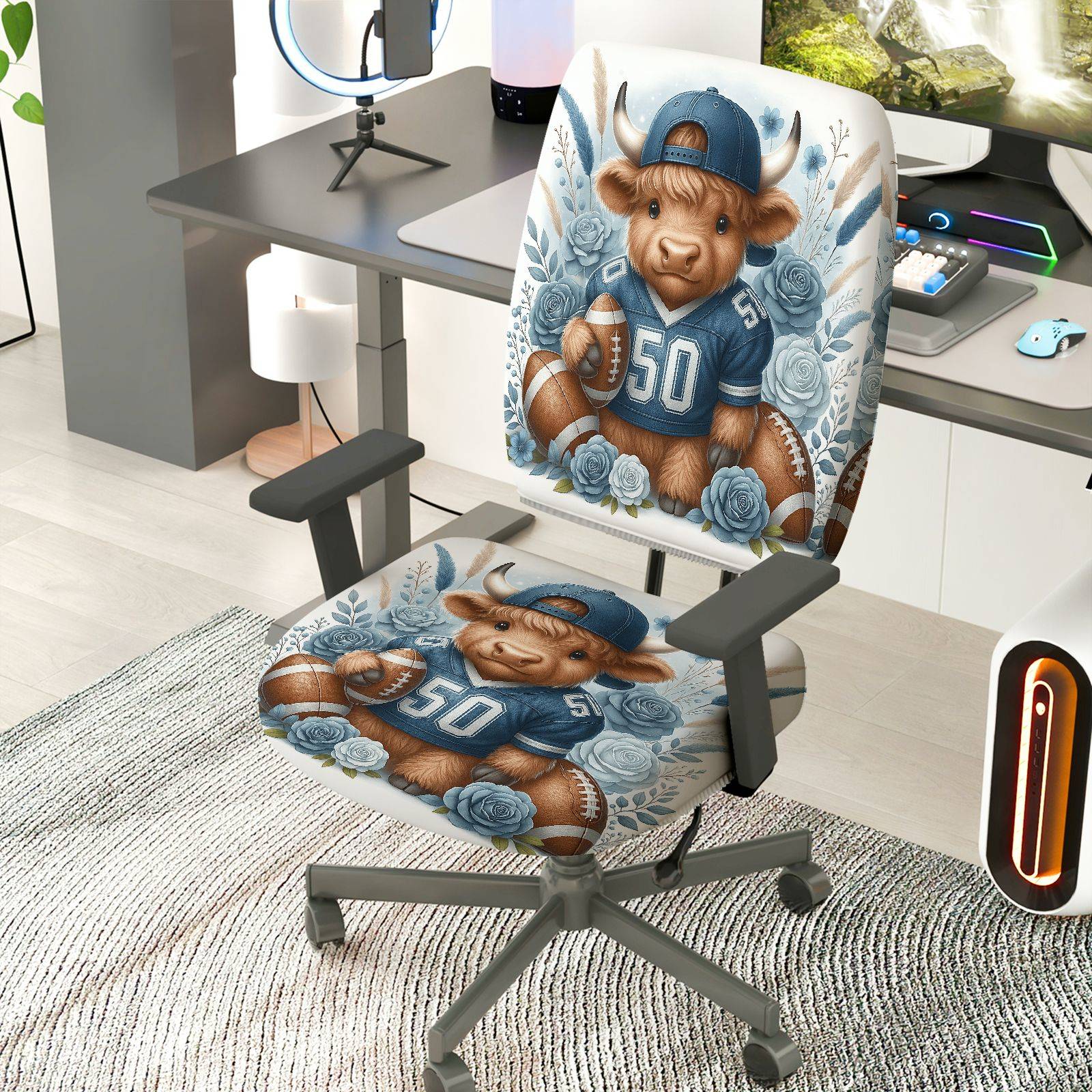 2-Piece Football Buffalo Flowers Sports Animal  Computer Chair Cover Set, Seat and Backrest
