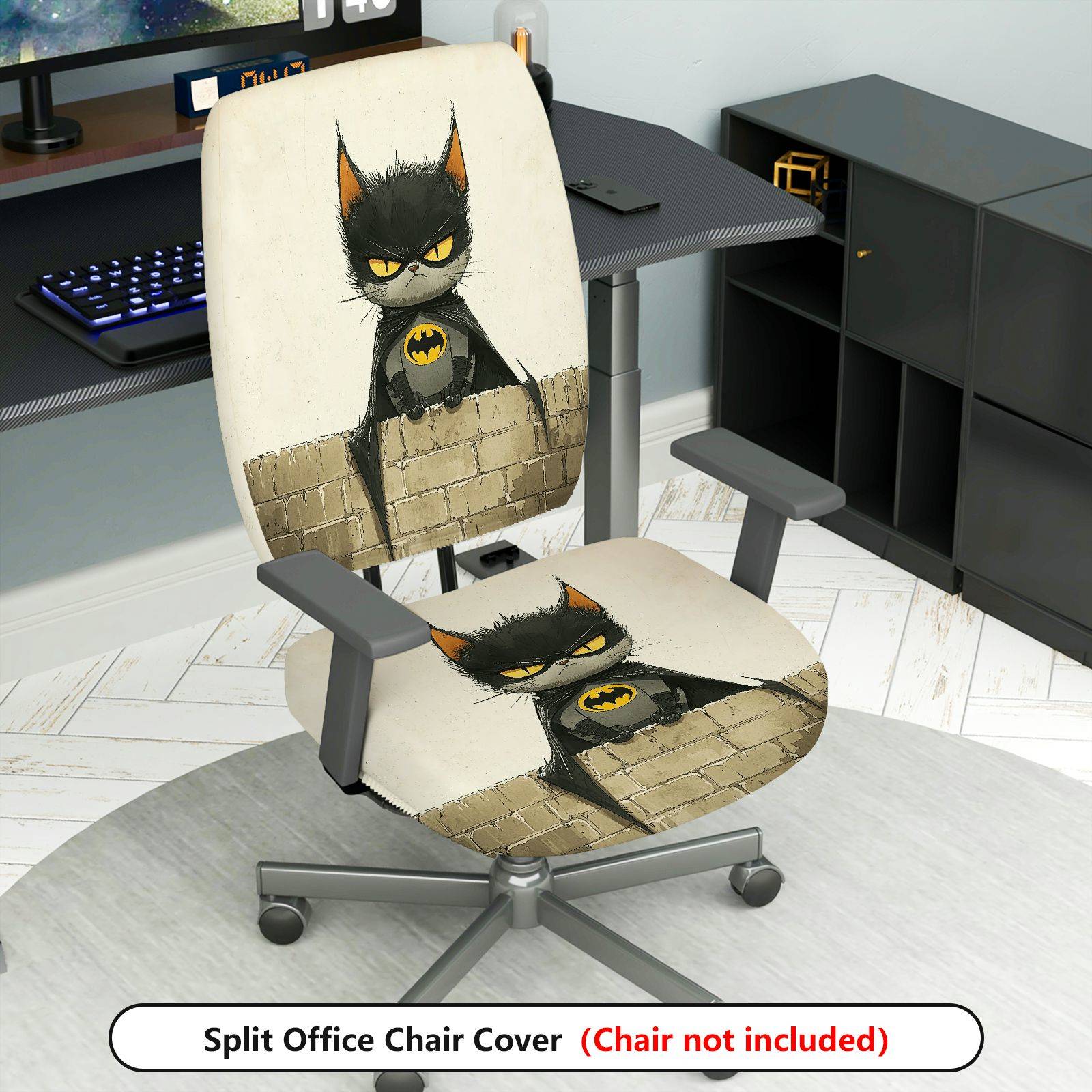 2-Piece Cat Batman Black Fun Creative  Computer Chair Cover Set, Seat and Backrest
